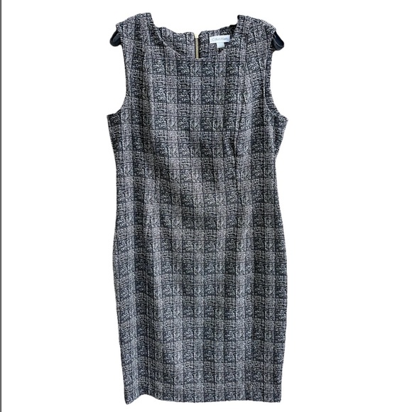 Calvin Klein Dress Sz 12 Black White‎ Plaid Stretch Sheath Dark Academia Career - Picture 2 of 11